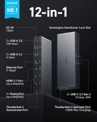 Anker 778 Thunderbolt 4 12-in-1 Hub/Docking Station Plus TWO LONG TB4 cables! - Image 1 of 2