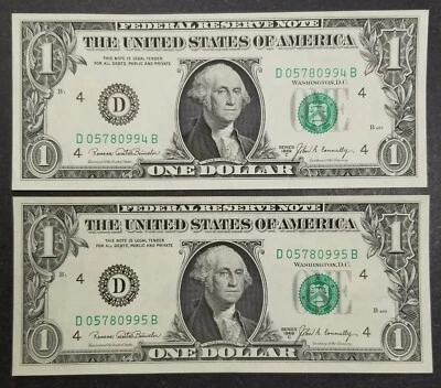 TWO 1969 C $1 CONSECUTIVE UNCIRCULATED FRB NOTES - Image 1 of 2