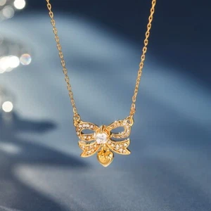 Women Fashionable Temperament Micro Inlaid Rhinestone Bow Love Pendant Necklace - Picture 1 of 5