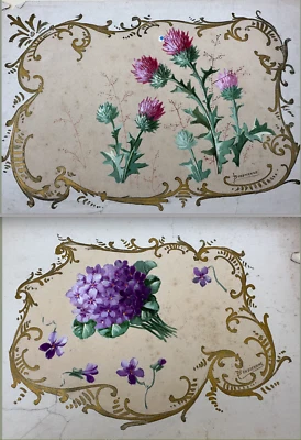 Epoque Art Nouveau paire de gouaches Signés BONDIVENNE  "Chardon & violette " - Photo 1/4