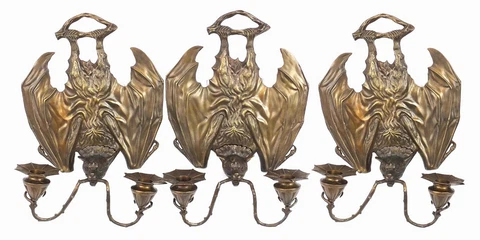 RARE SET OF THREE ANTIQUE BRONZE GOTHIC BAT WALL SCONCES Cover