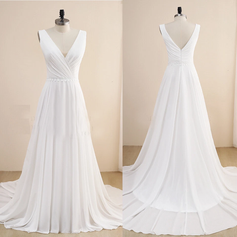 Simple A Line Wedding Dresses V Neck Chiffon Sweep Train Boho Bridal Gown Custom - Image 1 of 4