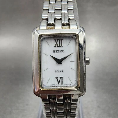 Seiko Solar Tank Watch Women 18mm White Dial Steel Rectangle V114-0AC0 Runs - image 1 of 4