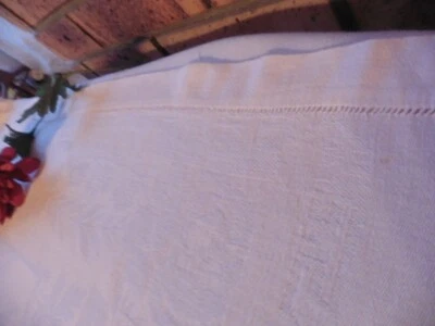 ANCIENNE NAPPE DAMASSE BLANC OURLETS JOURS 214 X160 CM - Photo 1/4