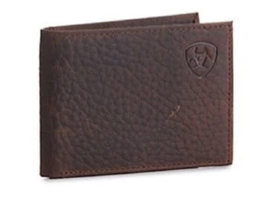 ¡Nuevo! Para hombre Ariat BILLETERA DOBLE DE CUERO MARRÓN con logotipo de escudo diseño de ajuste ajustado - Imagen 1 de 3