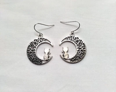 Кошка на полумесяце Луна падение крюк серьги ручной работы серебристого тона Kitty любитель подарок - Изображение 1 из 4