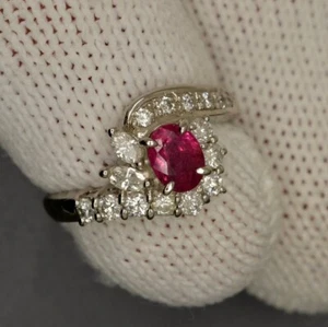 Diamond Women Engagement Ring 1.28 Carat Lab Grown Oval Cut Ruby 18K White Gold - Picture 1 of 14