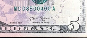 $5 Dollar Bill 2013 Circulated Fun Fancy ZERO Serial Number MC 0 85 00 4 00 A - Picture 1 of 3