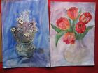 Two Vintage watercolor drawing, still life Vases with flowers,USSR(Ukraine) ,70s