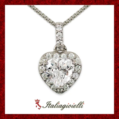 Romantica Collana Cuore Brillante in Argento 925 Rodiato Oro Bianco - Immagine 1 di 4