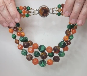 Vtg Chunky Statement Necklace Marbleized Bead 60-70's MOD 3 Strand Earth Tones - Picture 1 of 12
