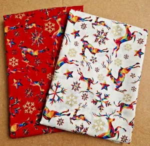 REMNANT FABRIC BUNDLE - Christmas Rainbow Reindeers Red & White  2 x 0.5m - Picture 1 of 3