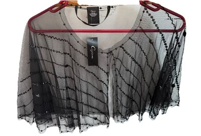 Cejon Women Nwt Black Beaded Sheer Elegant Evening Wrap Cape Shawl Shrug Sharp - Image 1 of 4