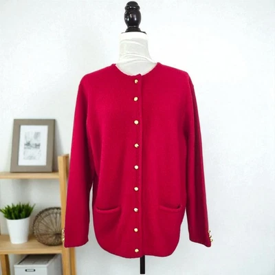 Jaqueta cardigã Karen Scott 100% lã vermelha feminina tamanho 2X botões dourados Austrália - Imagem 1 de 4