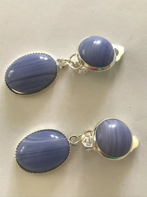 Ohrclips/Doppel-Cabochons/Blau gestreifter Achat/3cm/4cm - Bild 1 von 4