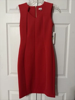 NWT Calvin Klein Women’s Red Sheath Gold Zip Sleeveless Dress Size 4 Notch Neck - Image 1 of 4