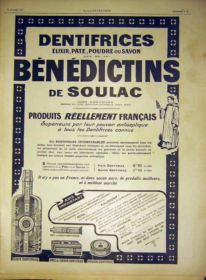 Vecchia Stampa Vintage Originale Pubblicità Elisir Benedettini Medico Francese 1917 XX - Immagine 1 di 1