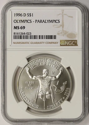1996-D Olympics Paralympics Modern Silver Commemorative Dollar $1 MS 69 NGC - Image 1 of 4