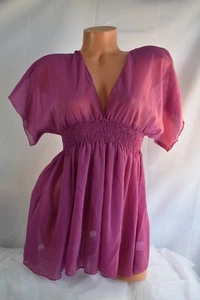 MAX RAVE (S) Babydoll Semi Sheer Crinkle Polyester Top THULIAN PINK V-Neck, Back - Picture 1 of 9