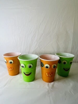 Eyes Glow In The Dark Set Of 4 Plastic Cup Halloween Party  Orange And Green Kid - Image 1 of 4