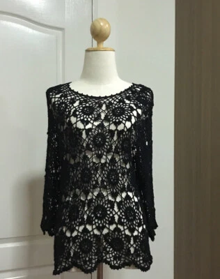 Blusa para mujer Top tejida a mano ganchillo bambú pulpa negra manga larga talla L Foto 1 de 4