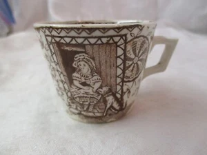 Antique England C.A. & Sons brown Transferware Child's Cup Little Mae w/ Dog Cat - Picture 1 of 5