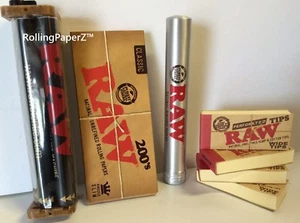 RAW 200's King Size Slim Papers + Wide Tips + 2 way Rolling Machine + Metal Tube - Picture 1 of 1