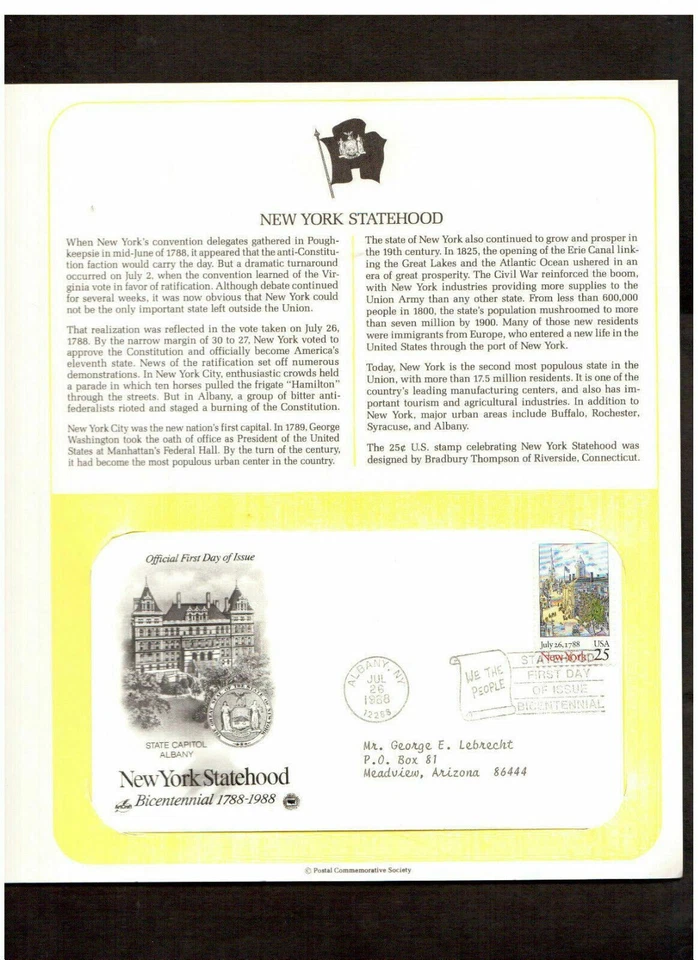 Postal Society First Day Cover FDC stamp # 2346 25 cent NEW YORK STATEHOOD 1988 - Image 1 of 1