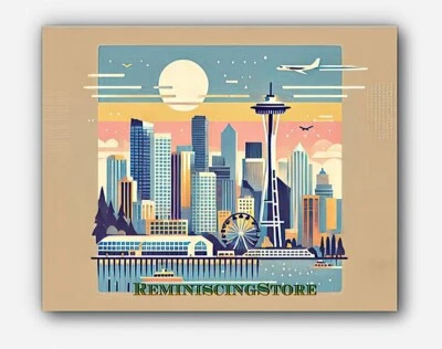 View of Seattle Washington Minimalist Art scenes painting abstract  #1 Reprint - Image 1 of 3