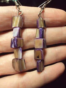 dainty purple abalone sea shell triangle chip + silver tone dangle earrings - Picture 1 of 1