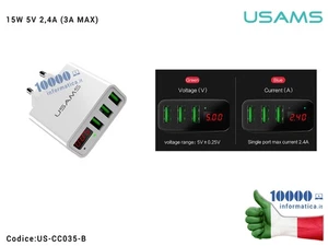 Alimentatore Smart 5V 2,4A USAMS US-CC035 3 Porte USB Display LED [BIANCO] Caric - Picture 1 of 1