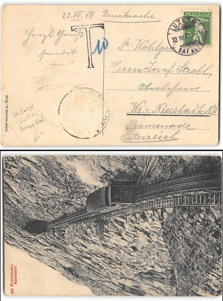 used train picture postcard from Switzerland to Austria, Postage Due, 1910 - Image 1 of 1