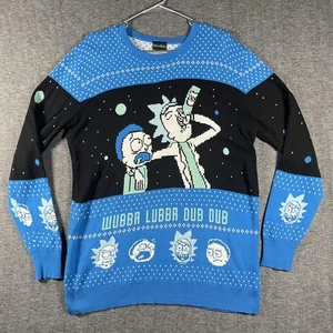 Rick and Morty Sweater Mens Large Blue Black Ugly Pullover Wubba Lubba Dub Dub - Picture 1 of 7