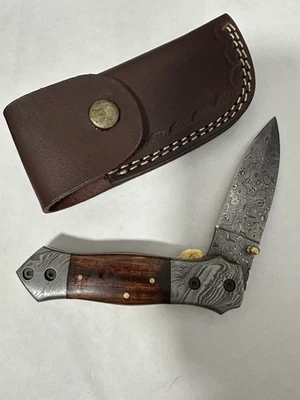 Cuchillo de Bolsillo Damasco Plegable con Cierre con Funda de Cuero ¡Muy Bonito! Foto 1 de 4