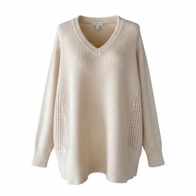 Garnet Hill 100% Cashmere V Neck Sweater Cream Cable Knit Size Large - Image 1 of 4