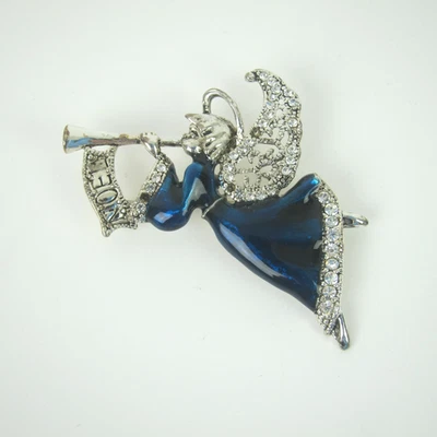 Broche prendedor vintage de ángeles de Navidad tono plata cuerno esmalte azul estrás 2,5" Foto 1 de 4