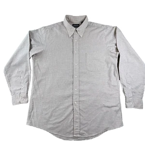 Lands' End Oxford Button Down Dress Shirt Men 17/35 Beige Gingham USA Made Large - Picture 1 of 11