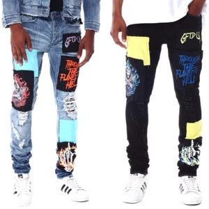 GFTD LA Los Angeles Men's Sage Skinny Fit Panel Patch Skull Distressed Rip Jeans - Picture 1 of 13