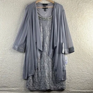 NWT R&M Richards Womens Gray Beaded Lace Two-Piece Formal Cardigan Dress Size 18 - Picture 1 of 16