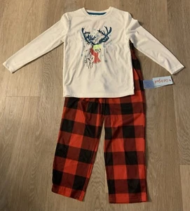 (NWT) Cat & Jack Boy Size 4/5 Buffalo Plaid Pajama Set With Reindeer On Front - Picture 1 of 7