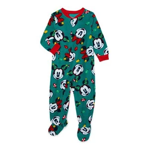 Disney Mickey and Minnie Toddler Christmas Green Fleece Footed Pajama Sleeper - Picture 1 of 11
