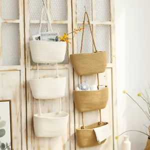 Hanging Storage Baskets Over the Door Hanging Basket, 3-Tier Cotton Rope Jute - Picture 1 of 21