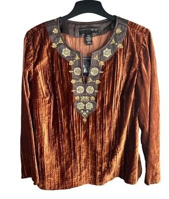 Venezia женщин бархата украшенный туника верхний коричневый длинным рукавом богемное блузка 14/16 - Изображение 1 из 4