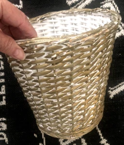 Vintage 9" Weißgold Weide Weidengeflecht Papierkorb MÜLLEIMER Hollywood Regency - Bild 1 von 10