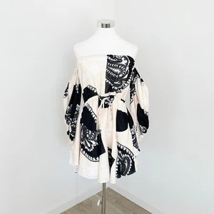Shona Joy Mini Dress Womens Size 10 Cream Black Paisley Manuela Off The Shoulder - Picture 1 of 10