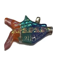 Vintage Glass Art Fish Gold Blue Green Swirl Necklace Pendant - Picture 1 of 9