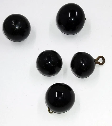 Antique Vintage Black Glass Brass Shank Victorian Mourning Buttons Round 5pc Cover