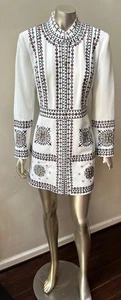 Designer Embroidered Geometric print White Midi Jacket Coat Dress - Picture 1 of 5