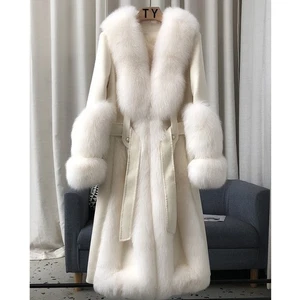 Women's 100% Genuine Fox Fur Collar Woolen Coat Mid Long Thick Duck Down Jacket - Picture 1 of 20