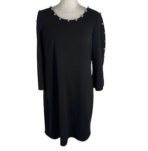 MSK Shift Dress Women PL Black Long Sleeve Beaded Round Neck Back Keyhole Button - Picture 1 of 16